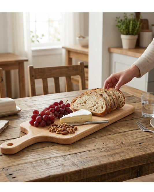 Tracse Natural Wood Paddle Serving Board (18 x 7 in) – Wooden Charcuterie & Bread Cutting Board with Handle