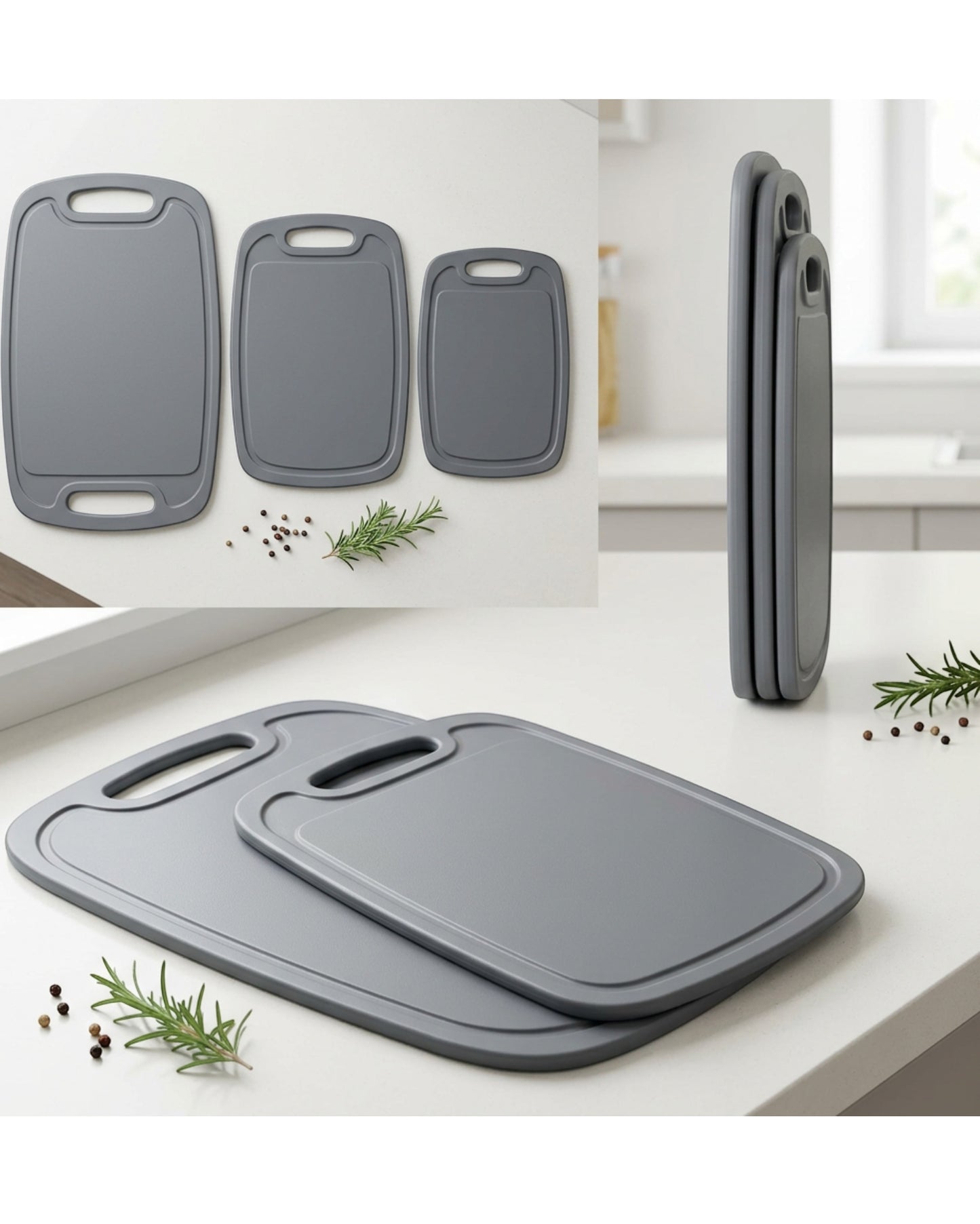 Tracse Plastic Cutting Board Set, BPA-Free Kitchen Chopping Boards, Gray, 3 Pack